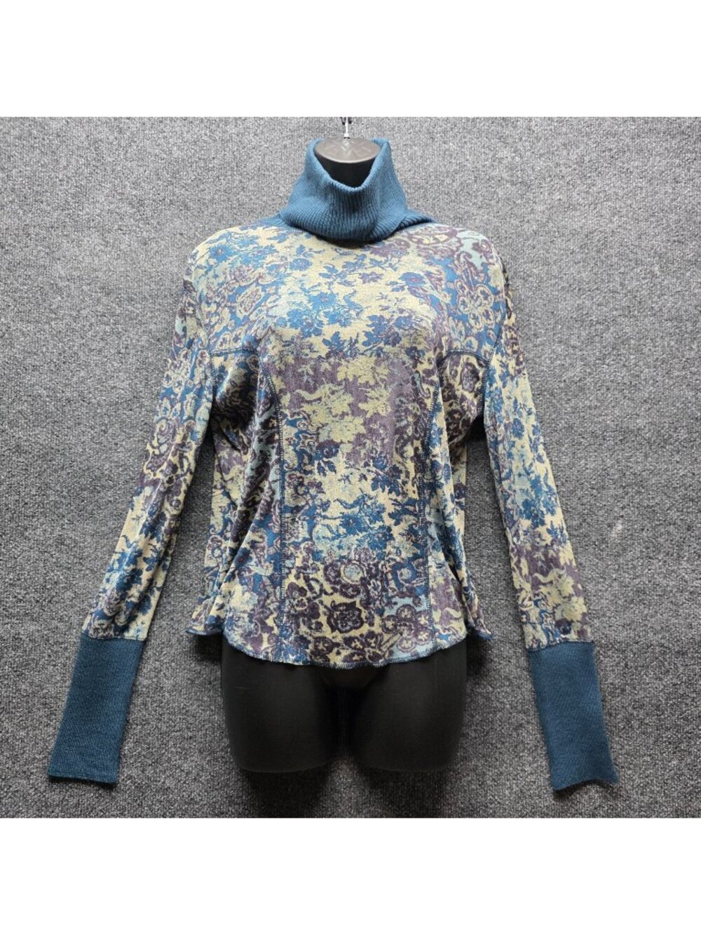 Vintage C.L.C Floral Tapestry Sweater M Blue Turtleneck Victorian Whimsy Cottage